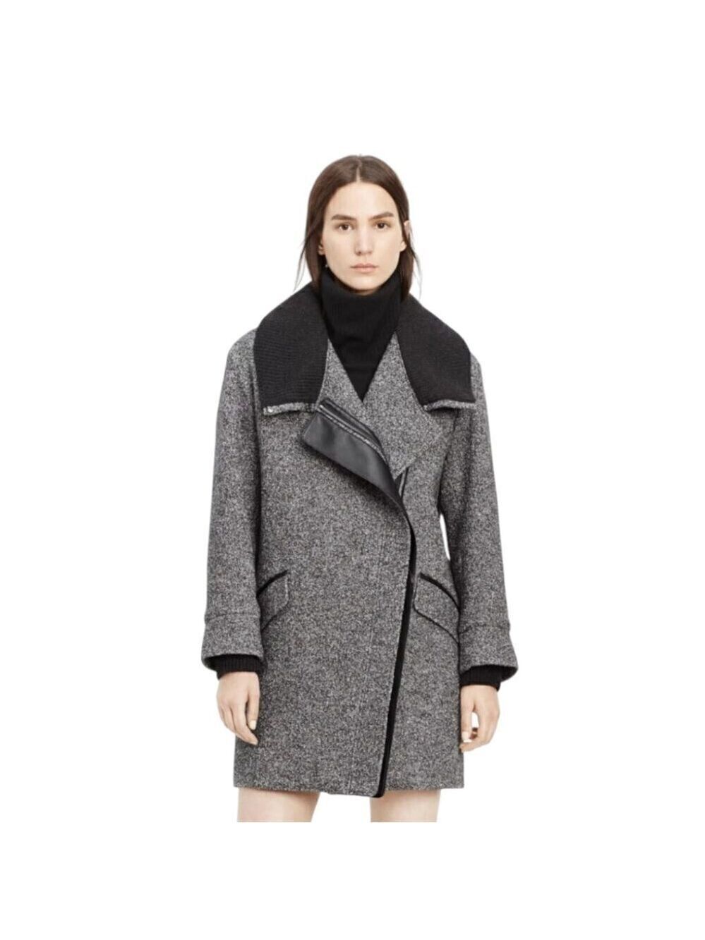 Vince Shawl Collar Asymmetrical Zip Wool Blend Lambskin Trim Tweed Coat Sz L
